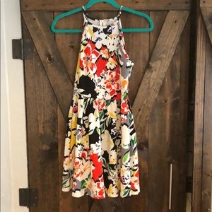 Floral Print Dress with High Neckline - Small